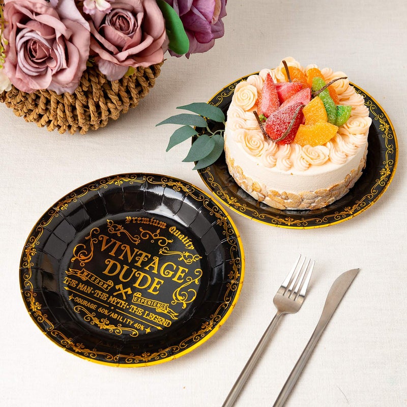 Crisky Vintage Dude Disposable Plates for Men Birthday Decorations Black Gold Dessert, Buffet, Cake, Lunch, Dinner Disposable Plates Men Birthday Party Table Supples, 50 Count, 9 inches - Image 5
